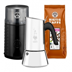 Bialetti Venus Elegance 6 Koppar Mokabryggare Inkl. Kaffekvarn & 400g Rigtig Kaffe