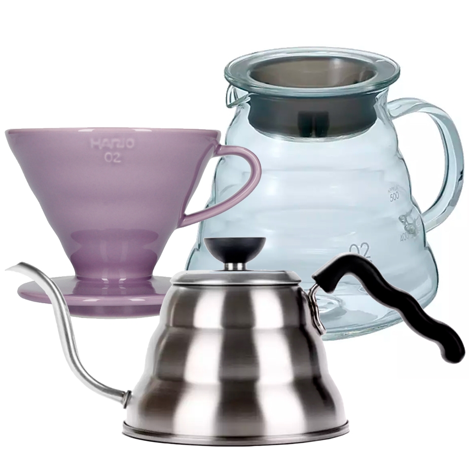 Hario Filterbryggning Set Inkl. V60-02 Dripper 2 Koppar, Server 0,6 L & Vattenkokare