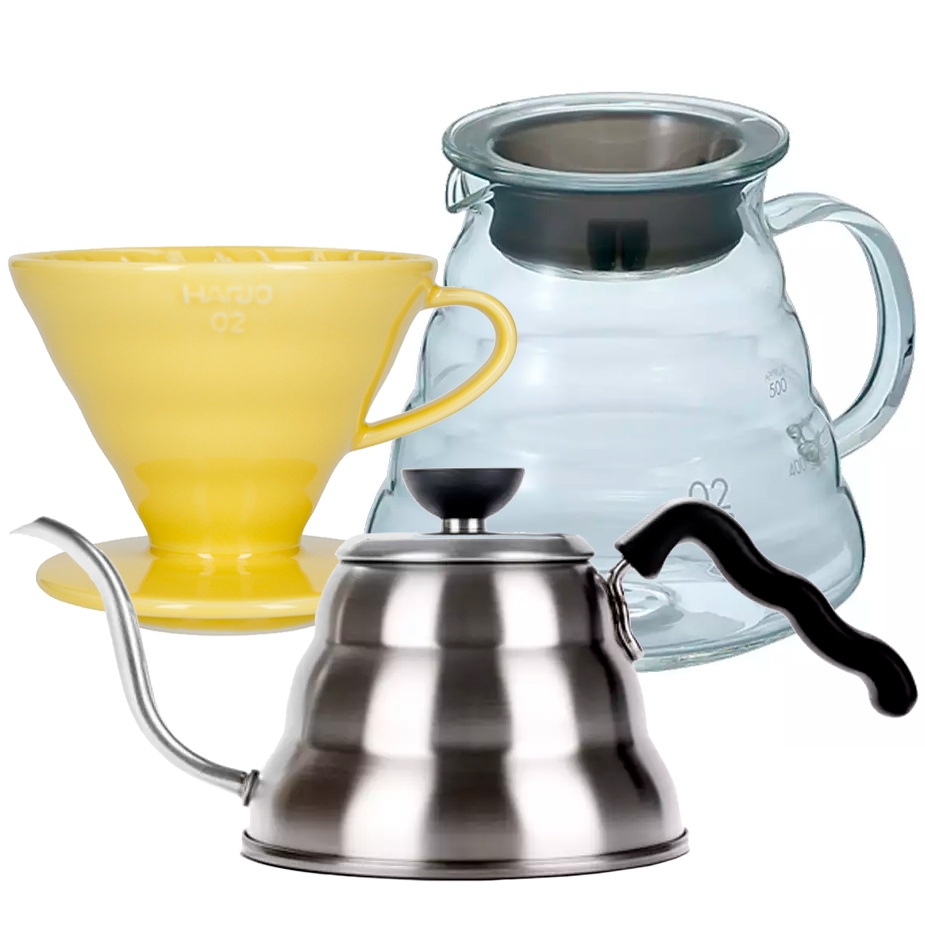 Hario Filterbryggning Set Inkl. V60-02 Dripper 2 Koppar, Server 0,6 L & Vattenkokare