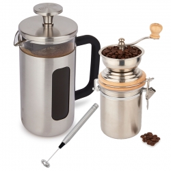 La Cafetière Pisa 3-kop Presskanna Rostfritt Stål, Kaffekvarn och Mjölkskummare