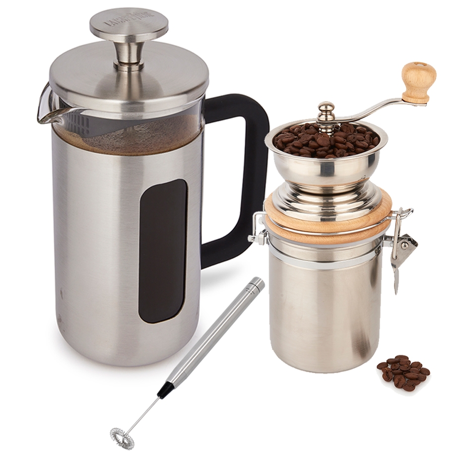 La Cafeti&egrave;re Pisa 8-kop Presskanna Rostfritt St&aring;l, Kaffekvarn och Mj&ouml;lkskummare