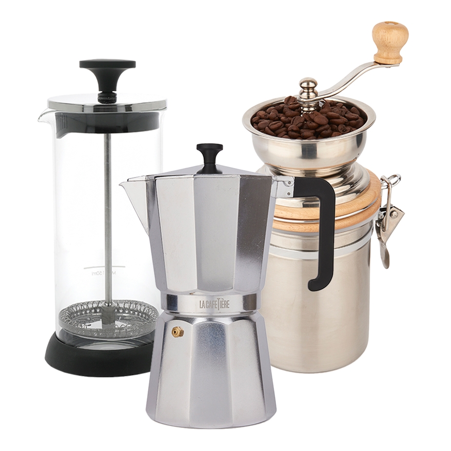 La Cafeti&egrave;re Venice 6 Koppar Mokabryggare St&aring;l Inkl. La Cafeti&egrave;re Kaffekvarn Manuell & La Cafeti&egrave;re Mj&ouml;lkskummare Glas/Svart