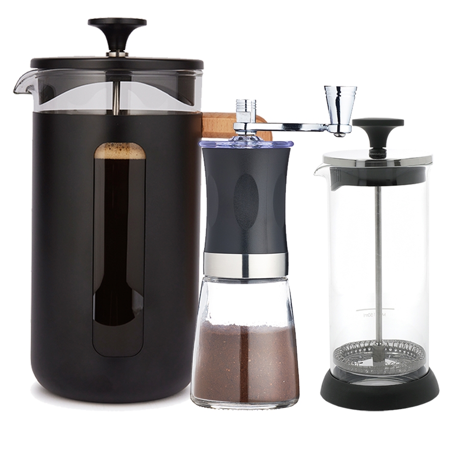 La Cafeti&egrave;re Pisa 8-kop Presskanna Svart, Mj&ouml;lkskummare och Kaffekvarn