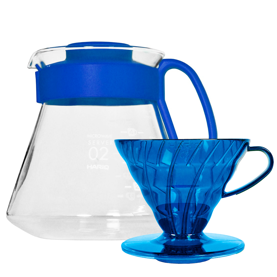 Hario V60 Filterbrygg Set Bl&aring; Inkl. Range Server 0,6 L, Dripper 2 Koppar & Filter