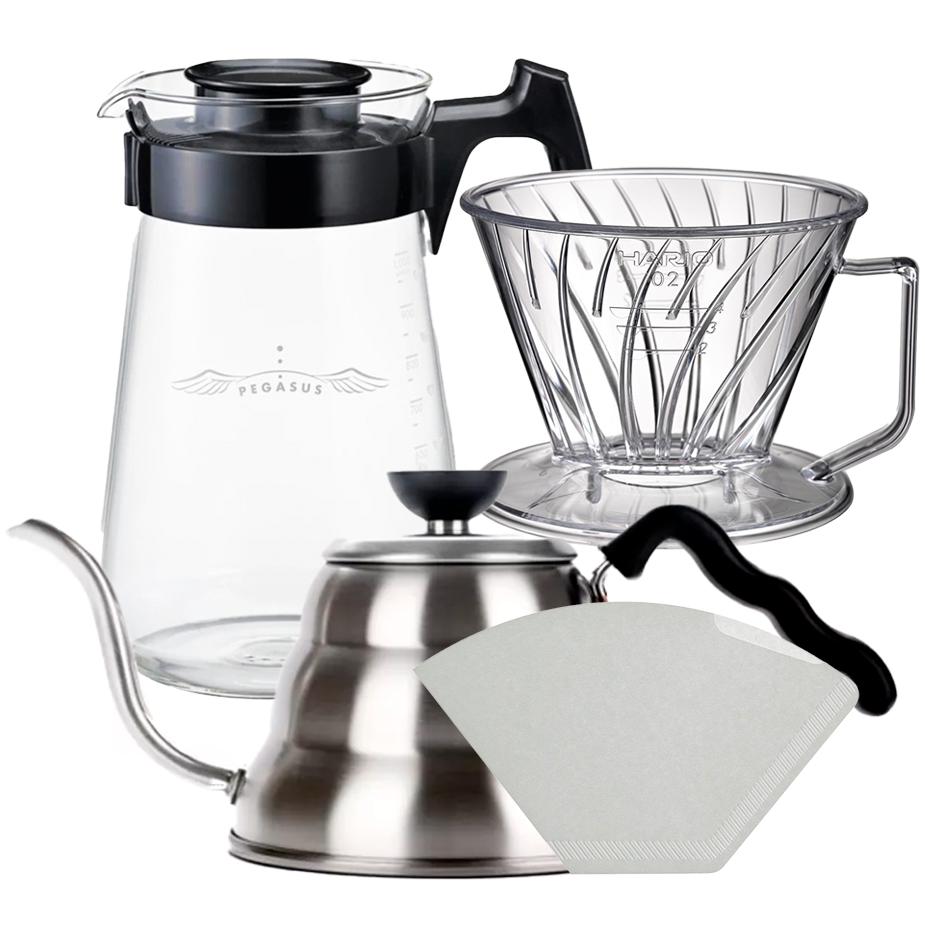 Hario Pegasus 02 Server 600ml Inkl. Pappersfilter 02, Plast Dripper 02 & V60 Kettle Buono 100 1 L St&aring;l