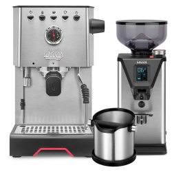 Gaggia Classic GT Stål Espressomaskin Inkl. Gaggia MDF 55 Chrome Espressokvarn & House of Barista Knockbox