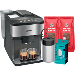 Siemens TP517R03 EQ500 Espressomaskin Inkl. Mjölkbehållare, Vårdpaket & 2 kg Rigtig Kaffe Crema Intenso Hela kaffebönor