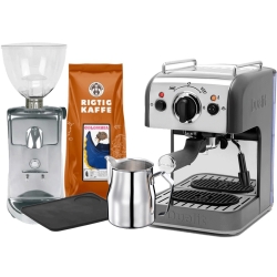 Dualit 3 i 1 Espressomaskin Inkl. Ascaso i-Mini I2 Espressokvarn, Mjölkkanna, Stamppad matta & Kaffe