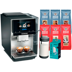 Siemens TP715R07 EQ700 Inox Silver Metallic Espressomaskin Inkl. Mjölkbehållare, Vårdkit & 3kg Rigtig Kaffe Mixpaket