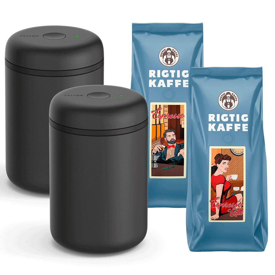 Fellow Atmos Vakuum Kaffebeh&aring;llare Svart 1,2 L 2 st Inkl. 2x500g Rigtig Kaffe Espresso & Espresso Latte