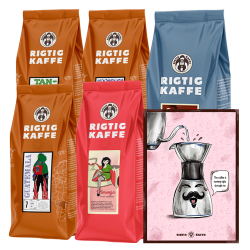 Rigtig Kaffe Mixpaket 2,7 kg Hela kaffebönor Inkl. Kaffeposter Rigtig Kaffe POUR OVER 21x30 cm