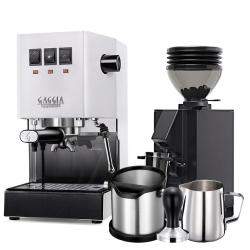 Gaggia Classic E24 Vit Espressomaskin Inkl. Eureka Mignon Zero 55s & Baristautrustning