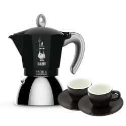 Bialetti Moka Induction 4 Koppar Svart Inkl. Club House Tulipano Espresso med Underkopp Matt Brun 7 cl 2 St