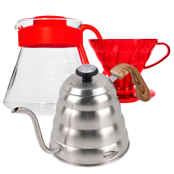 Hario V60 Filterbrygg Set Röd Inkl. Range Server 0,6 L, Dripper 2 Koppar, IKAPE Pour Over Kittel med Termometer 1,2 L & Filter