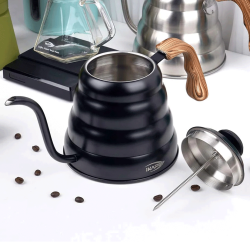 IKAPE Pour Over Kittel med Termometer 1,2 L Svart inkl. Hario V60 Range Server 60 cl, V60-02 Glasdripper Svart 2 Koppar & Filter