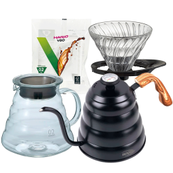 IKAPE Pour Over Kittel med Termometer 1,2 L Svart inkl. Hario V60 Range Server 60 cl, V60-02 Glasdripper Svart 2 Koppar & Filter