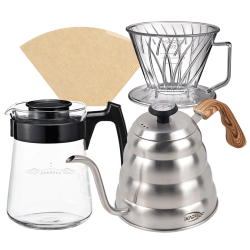 IKAPE Pour Over Kittel med Termometer 1,2 L Stål inkl. Hario Pegasus 02 Server 600 ml, Plastdripper 02 & Filter