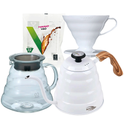 IKAPE Pour Over Kittel med Termometer 1,2 L Vit inkl. Hario V60 Range Server 60 cl, V60 Dripper Vit 2 Koppar & Filter