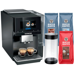 Siemens TP713R19 EQ700 Classic Piano Svart Espressomaskin Inkl. Mjölkbehållare Glas & Rigtig Kaffe Mixpaket 3kg Hela kaffebönor