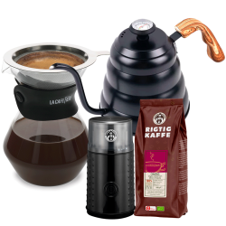 IKAPE Pour-Over Kittel 1,2 L Svart Inkl. La Cafetiére Pour Over 3 Koppar, Kaffekvarn & Rigtig Kaffe Organic Chiapas 400g