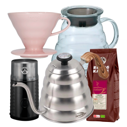 Hario Filterbryggningsset inkl. V60 Dripper 2 Koppar, Server 0,6 L, IKAPE Kittel 1,2 L, Kaffekvarn & 400 g Rigtig Kaffe Organic