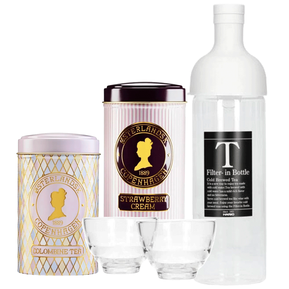 Hario 0,75 L Istebryggare med 2 Glas inkl. &Oslash;sterlandsk Thehus Strawberry Cream 125g & Colombine 125g