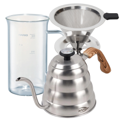 IKAPE Pour Over-Kittel med Termometer 1,2 L Stål Inkl. La Cafetière Dripper 1 Kopp & Hario Craft Science Beaker Server 50 cl