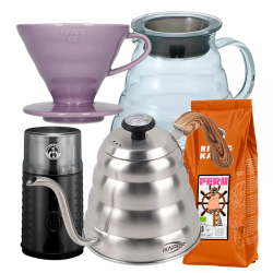 Hario Filterbryggset inkl. V60 Dripper 2 Koppar Lila, Server 0,6 L, IKAPE Kittel 1,2 L, Kaffekvarn & 400g Rigtig Kaffe
