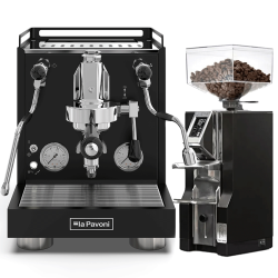 La Pavoni New Cellini Evolution Svart LPSCVB01NO Espressomaskin Inkl. Eureka Mignon Libra 55 Krom/Matt Svart Espressokvarn