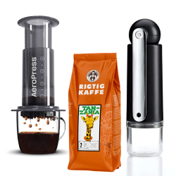 AeroPress Resebryggare inkl. CrushGrind Colombia Resekvarn & 400g Rigtig Kaffe Tanzania No. 2
