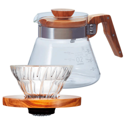 Hario V60 Coffee Server 0,6 L & Hario V60-02 Glasdripper 2 Koppar Olivträ