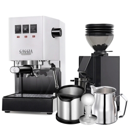 Gaggia Classic E24 Vit Espressomaskin Inkl. Eureka Mignon Zero 55s & Baristautrustning