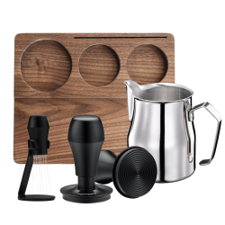 Normcore V4 Tamper med Fjäder, Räfflor & Titanium 58 mm Inkl. WDT Tool V3 med Hållare, Tampermatta Valnöt & Mjölkkanna 0,5 L