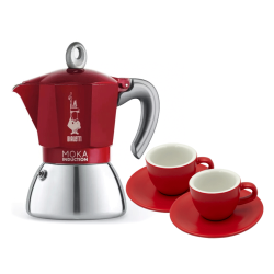 Bialetti Moka Induktion 4 Kop. Espressokanna Röd Inkl. Club House Tulipano Espresso m. Fat Matt Röd 7 cl 2 st