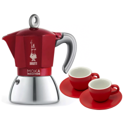 Bialetti Moka Induktion 6 Kop. Espressokanna Röd Inkl. Club House Tulipano Espresso m. Fat Matt Röd 7 cl 2 st