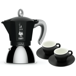 Bialetti Moka Induktion 6 Kop. Espressokanna Svart Inkl. Club House Tulipano Espresso m. Fat Matt Svart 7 cl 2 st