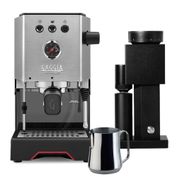 Gaggia Classic UP Espressomaskin i Stål inkl. Timemore Bricks Kvarn 01S & Mjölkkanna 0,35 L