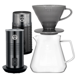 Filterbryggset Inkl. Timemore Server 600ml, Hario V60-02 Dripper Grå, House of Barista Elektrisk Mjölkskummare & Kaffekvarn