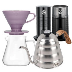Filterbryggset Inkl. Timemore Server 600ml, Hario Dripper Lila, IKAPE-Kittel, House of Barista Mjölkskummare & Kaffekvarn