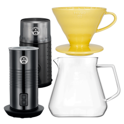 Filterbryggset Inkl. Timemore Server 600ml, Hario Dripper Gul, House of Barista Elektrisk Mjölkskummare & Kaffekvarn