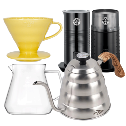 Filterbryggset Inkl. Timemore Server 600ml, Hario Dripper Gul, IKAPE-Kittel, House of Barista Mjölkskummare & Kaffekvarn