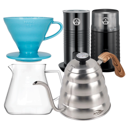 Filterbryggset Inkl. Timemore Server 600ml, Hario Dripper Ljusblå, IKAPE-Kittel, House of Barista Mjölkskummare & Kaffekvarn