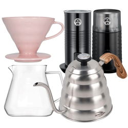 Filterbryggset Inkl. Timemore Server 600ml, Hario Dripper Rosa, IKAPE-Kittel, House of Barista Mjölkskummare & Kaffekvarn
