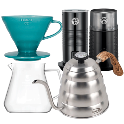 Filterbryggset Inkl. Timemore Server 600ml, Hario Dripper Turkos, IKAPE-Kittel, House of Barista Mjölkskummare & Kaffekvarn