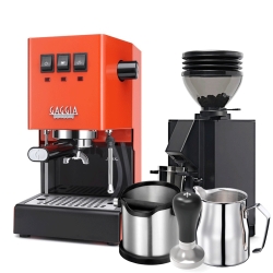 Gaggia Classic E24 Lobster Red Espressomaskin Inkl. Eureka Mignon Zero 55s & Baristautrustning