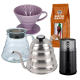 Hario Filterbryggset inkl. V60 Dripper 2 Koppar Lila, Server 0,6 L, IKAPE Kittel 1,2 L, Kaffekvarn & 400g Rigtig Kaffe