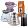 Hario Filterbryggset inkl. V60 Dripper 2 Koppar Lila, Server 0,6 L, IKAPE Kittel 1,2 L, Kaffekvarn & 400g Rigtig Kaffe