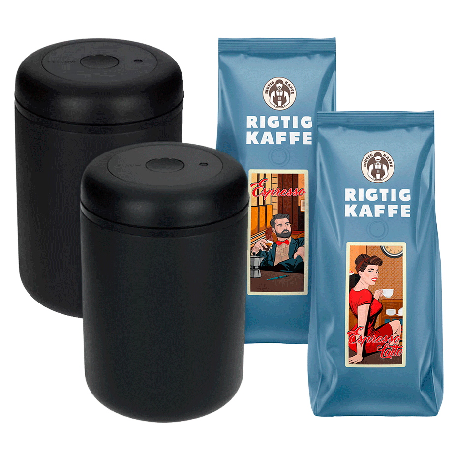 Fellow Atmos Vakuum Kaffebeh&aring;llare Svart 1,2 L 2 st Inkl. 2x500g Rigtig Kaffe Espresso & Espresso Latte