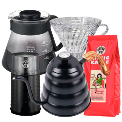 Pour Over Set inkl. IKAPE Kittel med Termometer 1,2 L, Hario V60 Server, Glasdripper 2 Koppar, Kaffekvarn & 500 g Kaffe