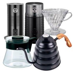 IKAPE Pour Over Kittel med Termometer 1,2 L Svart inkl. Dripper, Server, Kaffekvarn & Mjölkskummare